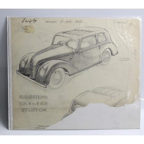 490 - Pen and ink drawing illustrating the changing of the car body styles. With artists notes, published ... 