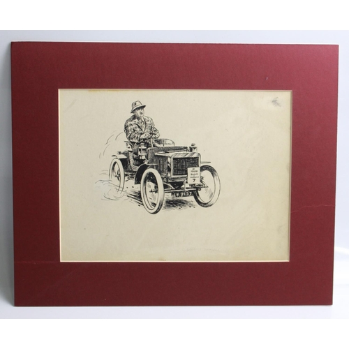 491 - Original pen and ink drawing of a man driving an early 1900's vehicle. 35.5cm x 29cm. Original pen a... 