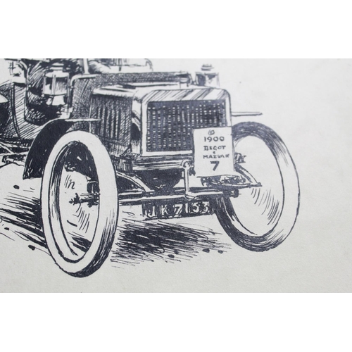 491 - Original pen and ink drawing of a man driving an early 1900's vehicle. 35.5cm x 29cm. Original pen a... 