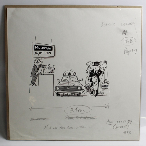 494 - Pair of pen and ink drawings by Arnold Lerner. 'Relaxed attitude' and 'Has this car car been stolen'... 