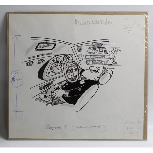 494 - Pair of pen and ink drawings by Arnold Lerner. 'Relaxed attitude' and 'Has this car car been stolen'... 