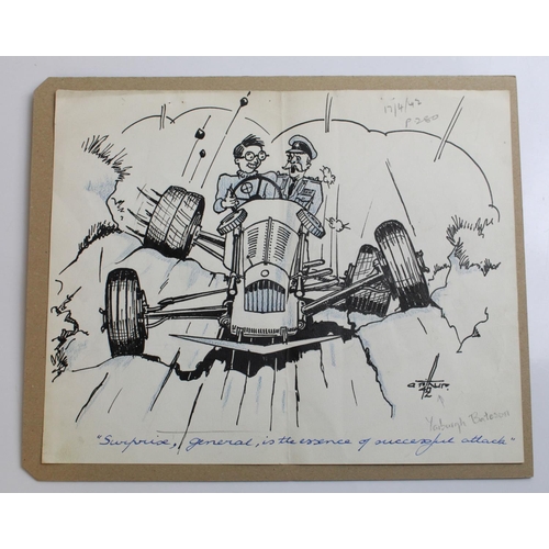 496 - Original pen and crayon cartoon by 928977 Sgt Yarborouch Bateson. Drawn for Autocar Magazine, April ... 