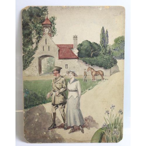 499 - Original watercolour of a couple walking around a stately home grounds. Officer in uniform, possibly... 