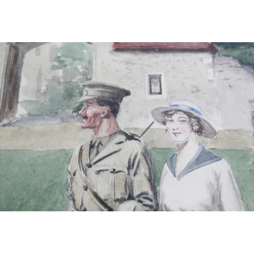 499 - Original watercolour of a couple walking around a stately home grounds. Officer in uniform, possibly... 