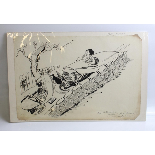 503 - Pen and ink cartoon sketches by Sid Miller 'Two middle aged passengers in a sports two seater' and '... 