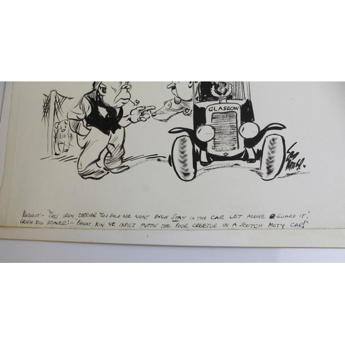 505 - Pen and ink cartoon sketches by Sid Miller. 'This Irish Terrier' and 'A country road on solid tyres'... 