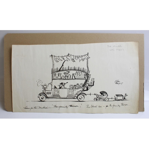 506 - Pen and ink cartoon sketches by Sid Miller. 'The ideal family car', and 174 M.P.H. 36cmx19cm 48cmx27... 