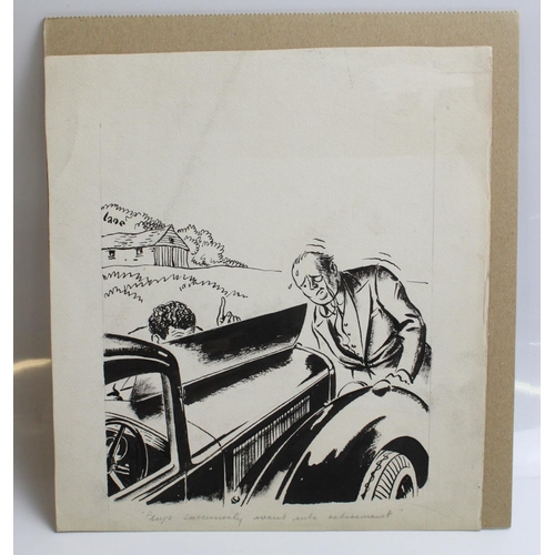 509 - Three pen and ink drawings by George Lane. 'Dawsons Diversions', 'Look out here comes a V8' and 'Plu... 