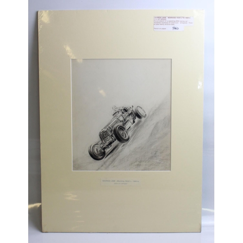 510 - Pencil on paper sketch by George Lane (Active 1930s to 1960s.) Titled ERA AT SPEED. Frame 41cmx56cm