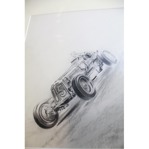 510 - Pencil on paper sketch by George Lane (Active 1930s to 1960s.) Titled ERA AT SPEED. Frame 41cmx56cm