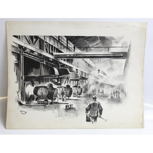 512 - George Lane. Pen and ink sketch 12/1/49 titled 'The Motor'. 36cmx28cm. Pen and ink sketch. 'Put out ... 