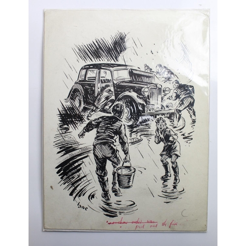 512 - George Lane. Pen and ink sketch 12/1/49 titled 'The Motor'. 36cmx28cm. Pen and ink sketch. 'Put out ... 