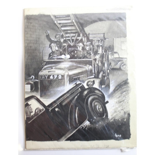 512 - George Lane. Pen and ink sketch 12/1/49 titled 'The Motor'. 36cmx28cm. Pen and ink sketch. 'Put out ... 