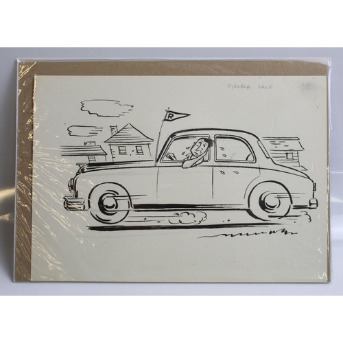 513 - Collection of five sketches by George Lane. 'Crying driver', 'Post office and telephone' Golf club',... 