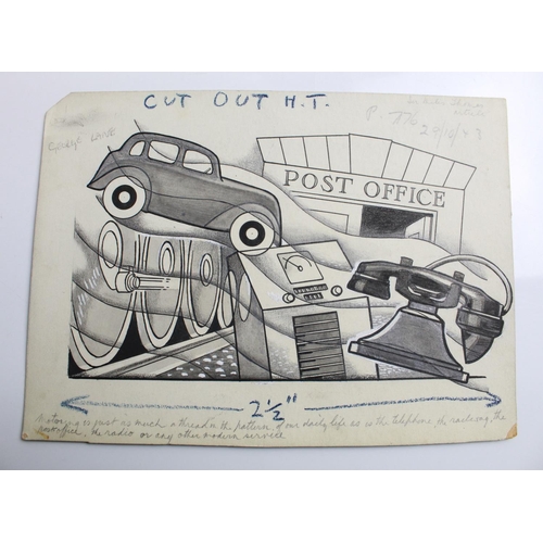 513 - Collection of five sketches by George Lane. 'Crying driver', 'Post office and telephone' Golf club',... 