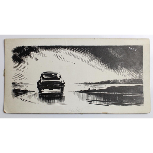 514 - Three pen and ink sketches by George Lane. 'Dazzled' 'Rally' and 'Silhouette of a car under dark sky... 