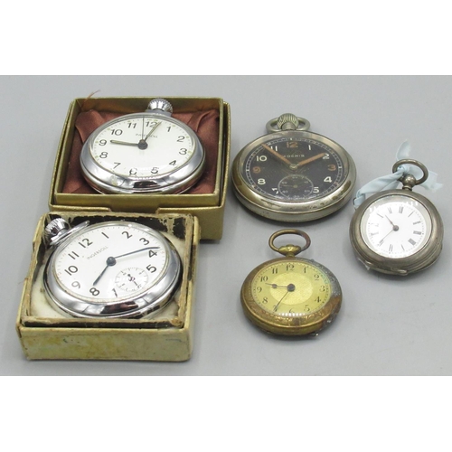 77 - WWII British Military Issue Moeris plated G.S.T.P. pocket watch, two Ingersoll plated pocket watches... 