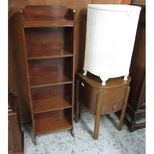 639 - Small C20th five tier oak bookcase, Morco oak sewing box and a woven fibre D shaped linen basket, (3... 