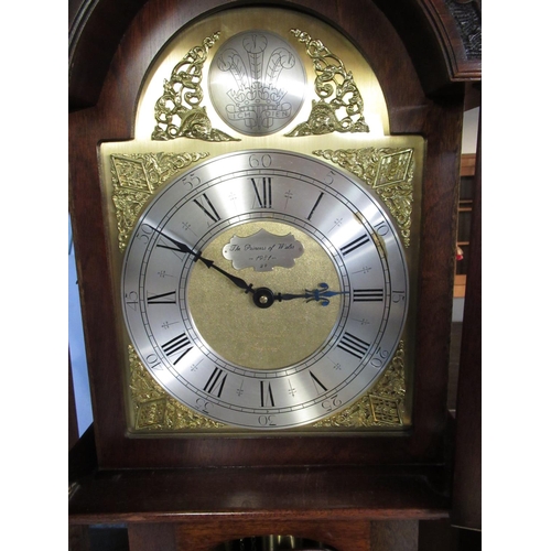 640 - Smallcombe England 1981 Princess of Wales longcase clock, arched top mahogany case with signed brass... 