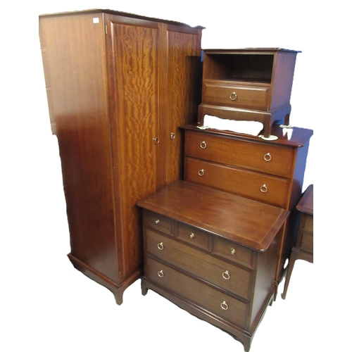 643 - Stag Minstrel bedroom suite comprising; wardrobe W96cm, tallboy chest of drawers, low chest of drawe... 