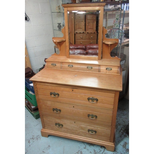 649 - Edwardian ash dressing chest, with mirror and three shaped drawers above two short and three long dr... 