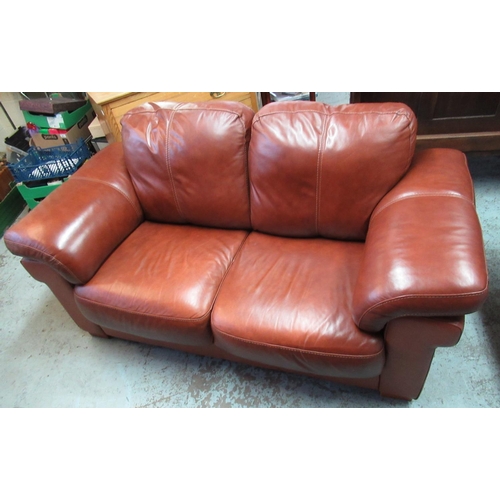 651 - Modern brown leather two-seat sofa, on block feet, WS175cm D97cm H87cm