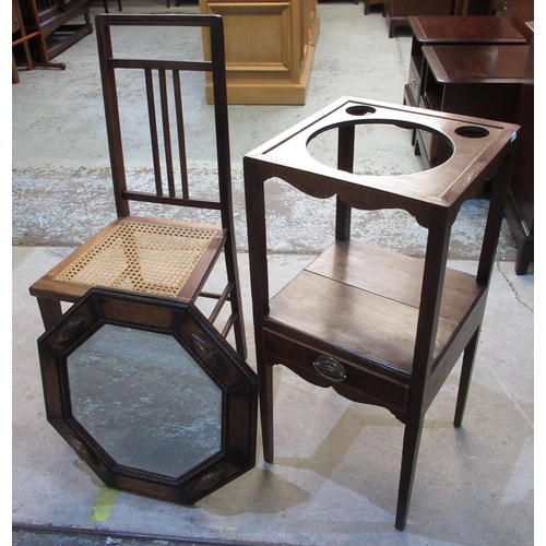 655 - C19th oak and mahogany washstand, Edwardian bedroom chair, and an octagonal oak framed wall mirror (... 