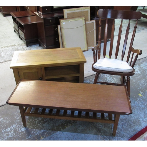 656 - Julian Bowen modern oak low cabinet, a modern rocking chair, and an oak two tier coffee table (3)