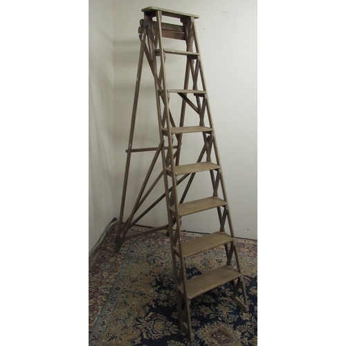 718 - Eclipse Lattistep seven tread wooden folding garden ladder, with named cast iron mounts, H195cm