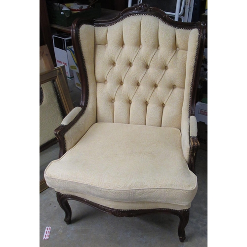 722 - French Rococo style upholstered arm chair, with moulded frame and loose seat cushion on cabriole leg... 