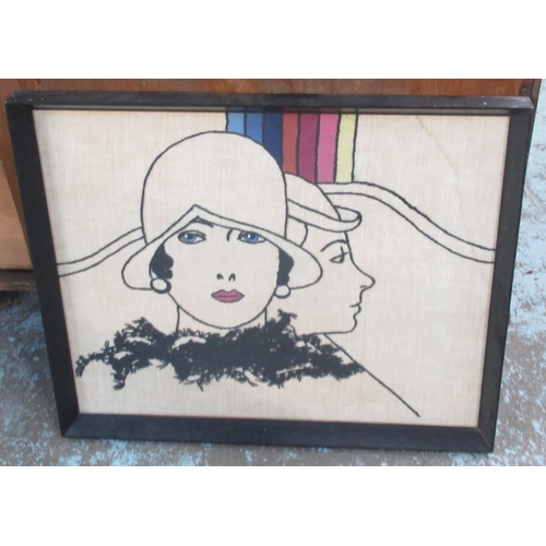 167 - C20th coloured woolwork study of two 1920's girls, 45cm x 56cm