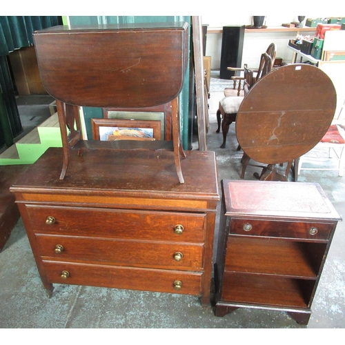 625 - Edwardian oak chest of three long drawers, W101cm D48cm H83cm, a small bookcase with inset top and a... 