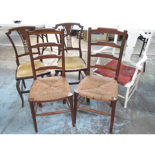 627 - Pair of Edwardian inlaid mahogany salon chairs, pair of oak rush seat ladder back dining chairs and ... 