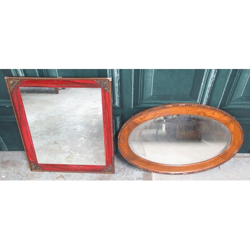 630 - Red painted faux tortoiseshell framed wall mirror with pressed brass corners and a 1930's oak framed... 