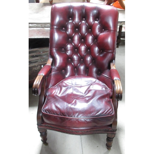 660 - Mill Brook Furnishings Victorian style red leather upholstered open arm chair, deep buttoned back an... 