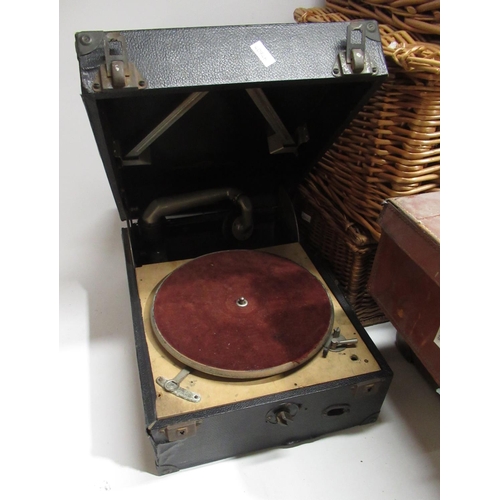 282 - Columbia No. 112A portable wind-up gramophone in black leatherette case, three Fortnum & Mason wicke... 