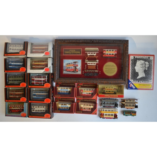 155 - Collection of mostly diecast tram models to include Matchbox limited edition framed cabinet exploded... 