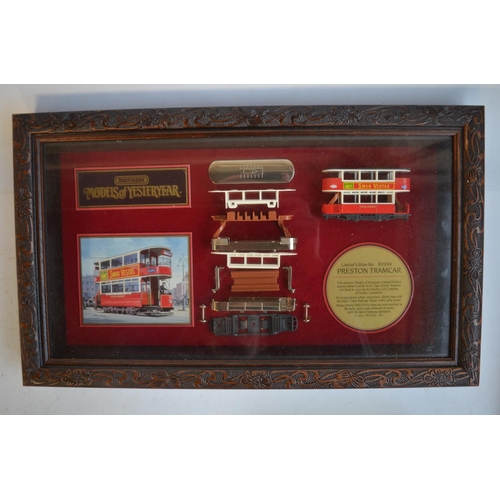 155 - Collection of mostly diecast tram models to include Matchbox limited edition framed cabinet exploded... 