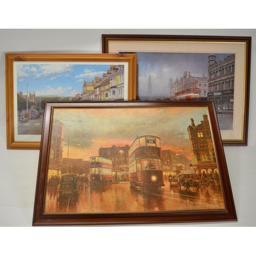 158 - Collection of tram related pictures and books to incl. textured print by Don Brekin (85.5x60cm), Cit... 