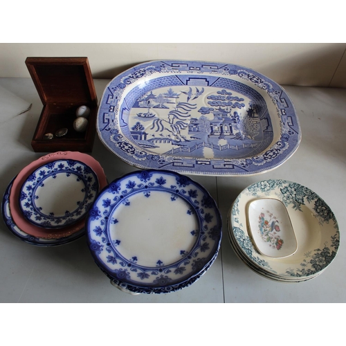 155 - Victorian Willow pattern oval meat dish, a Victorian white glazed Rum barrel, two cheese dishes and ... 