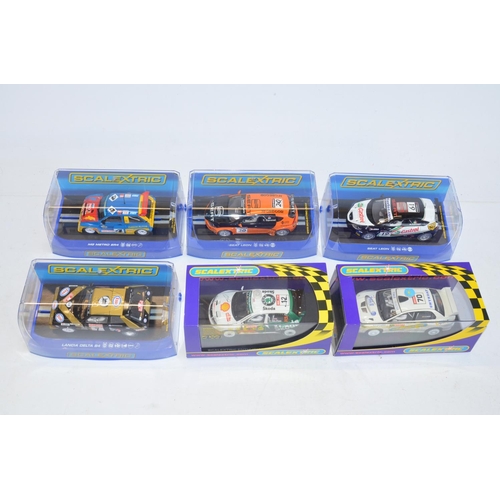 183 - Six Scalextric rally slot racing car models to include C2682 Mitsubishi Lancer Evolution 7 WRC Colle... 