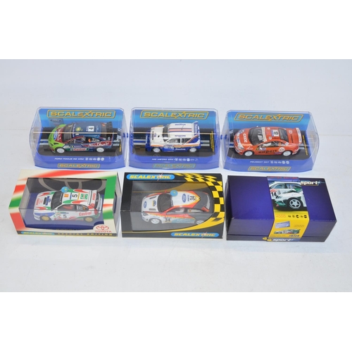 184 - Six Scalextric rally slot racing car models to include limited edition C2487A Skoda Fabia WRC Works ... 