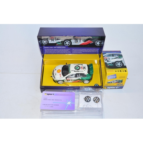 184 - Six Scalextric rally slot racing car models to include limited edition C2487A Skoda Fabia WRC Works ... 