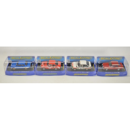 190 - Four Scalextric Ford Escort slot car models to include C3113 MkI Red, C3592 MkI Blue/White, C3416 Mk... 