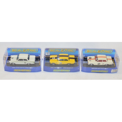 192 - Three as new/never run Scalextric Ford Cortina MkI slot car models to include C3502 HSCC ByBox HTCC ... 