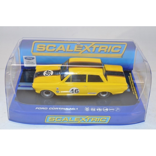 192 - Three as new/never run Scalextric Ford Cortina MkI slot car models to include C3502 HSCC ByBox HTCC ... 