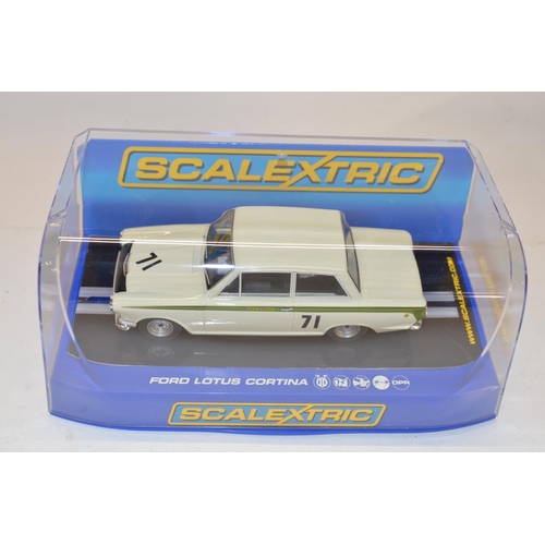 192 - Three as new/never run Scalextric Ford Cortina MkI slot car models to include C3502 HSCC ByBox HTCC ... 