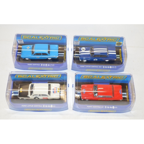 193 - Four as new/never run Scalextric Ford Cortina MkI slot car models to include C3210 Lotus Cortina 196... 