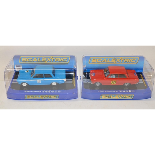 193 - Four as new/never run Scalextric Ford Cortina MkI slot car models to include C3210 Lotus Cortina 196... 