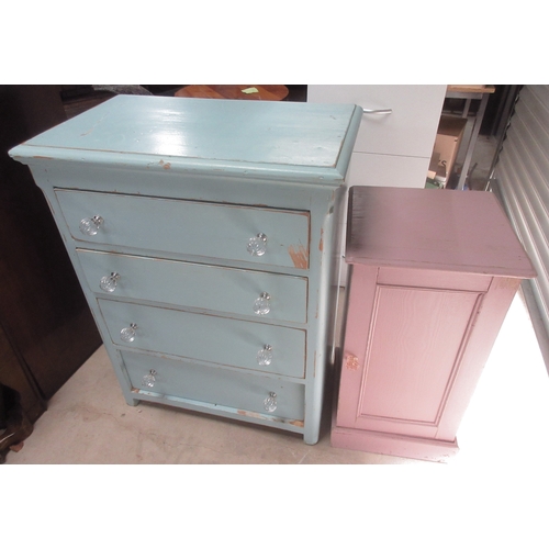 664 - Later blue painted pine chest of four long drawers with clear handles, W78cm D46cm H100cm and a pain... 